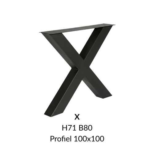Metalen onderstel X zwart RAL9005 - 80cm breed. Profiel 100x100mm